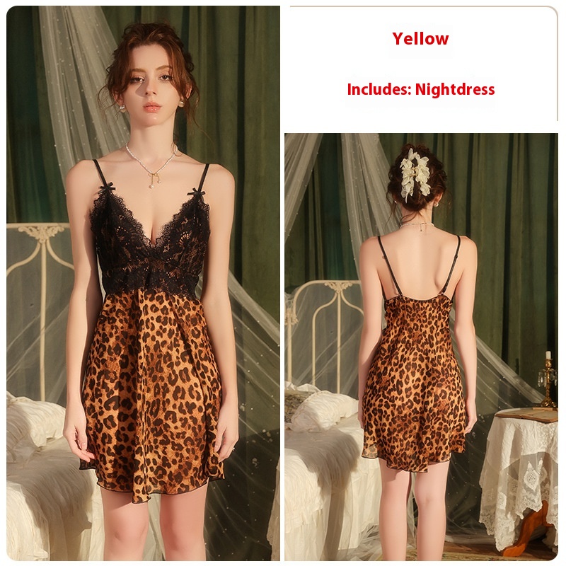 See-through Lace Leopard Print Deep V Nightdress Outerwear Gown Women's Suit