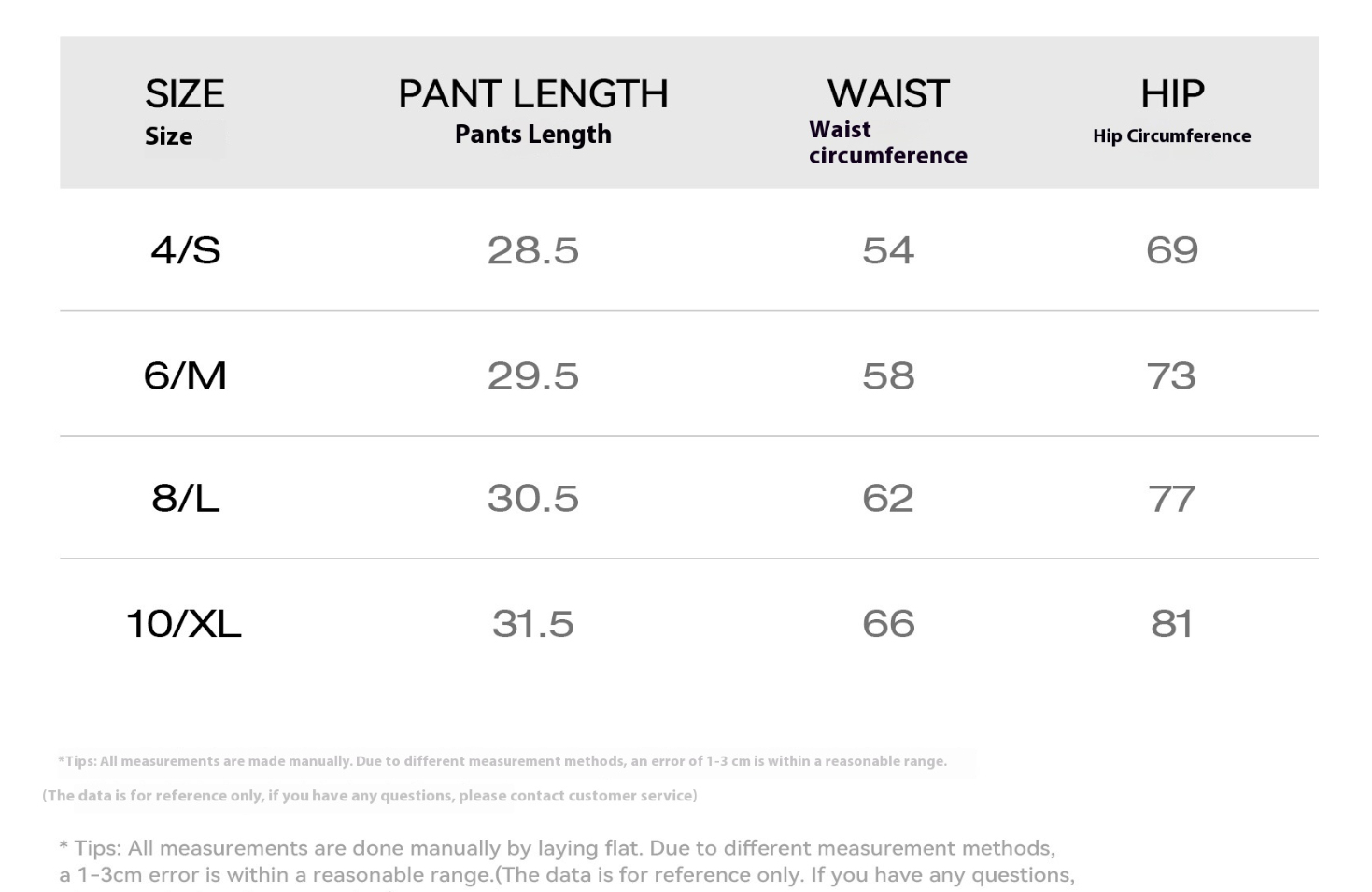 High waist shorts comprehensive size chart guide showing measurements for S, M, L, XL sizes