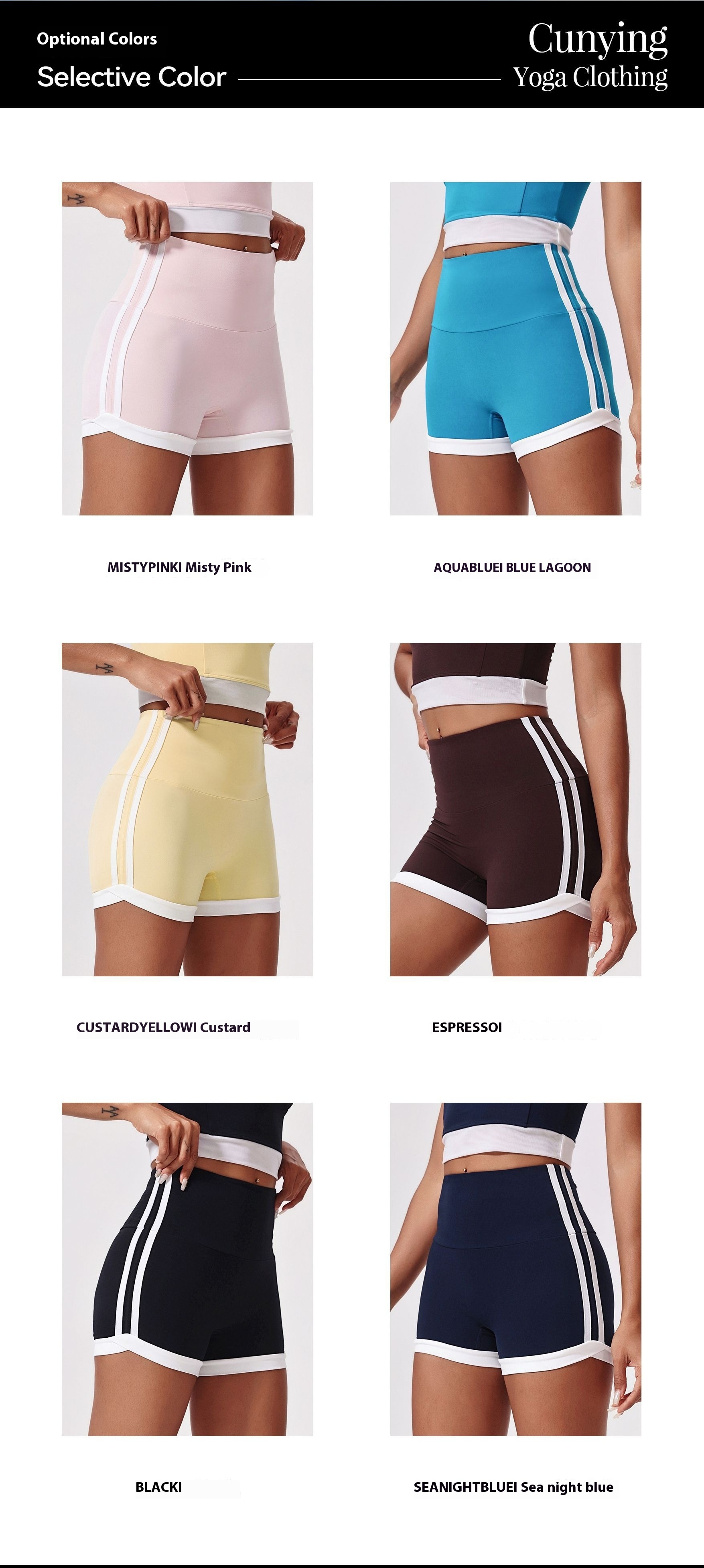 High waist shorts available in multiple vibrant color options including pink, blue, yellow, coffee, black
