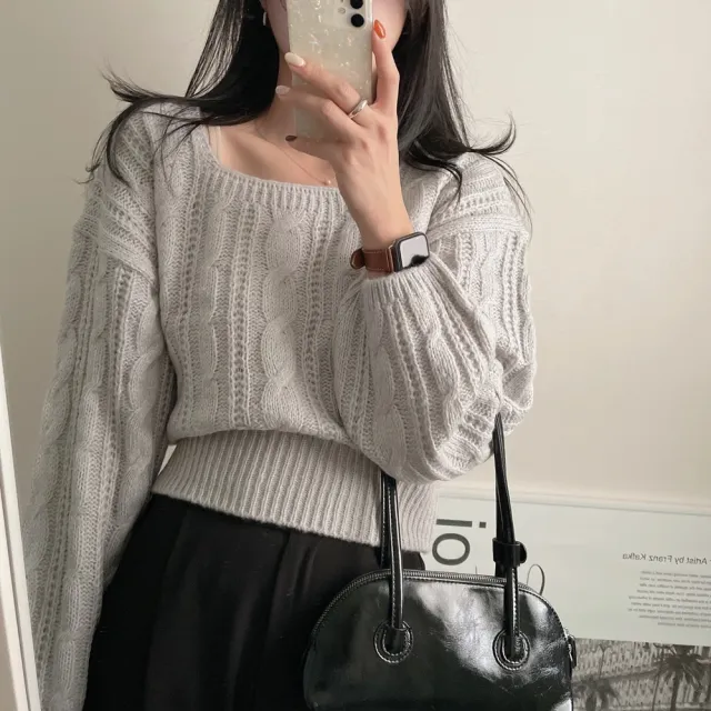 Cable knit Sweater Lantern Sleeve Solid Color Square Collar Pullover Sweater Gray - Shop at LoveMi