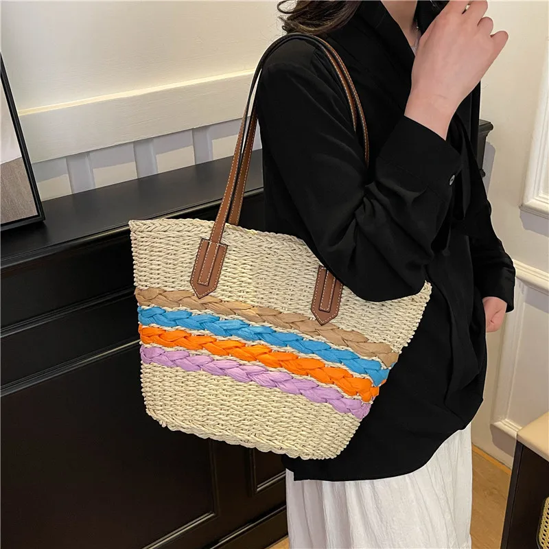Woven Vegetable Basket Tote Large Capacity Straw Bag - Beige