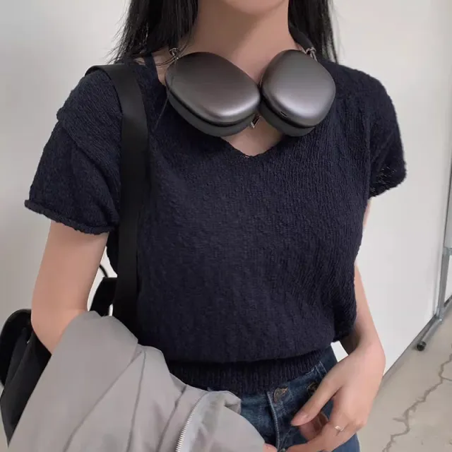 Female Solid Color Thin Sweater Short Pullover Top Navy Blue - Shop at LoveMi
