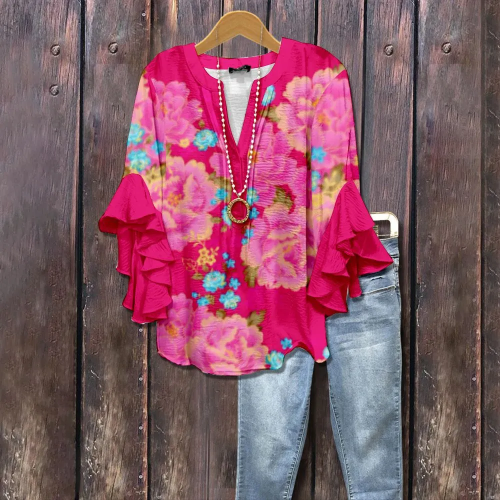 Women's V-neck Fashion Lotus Sleeve T-shirt - Style 1-Xl