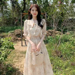 Waist-tight Gentle Temperament Slimming Floral Dress - Apricot - View 1