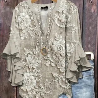 Women's V-neck Fashion Lotus Sleeve T-shirt - Style 2