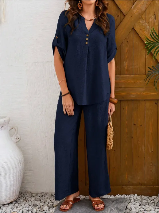 Loose Leisure Suit Solid Color Short sleeved Trousers Navy - Shop at LoveMi