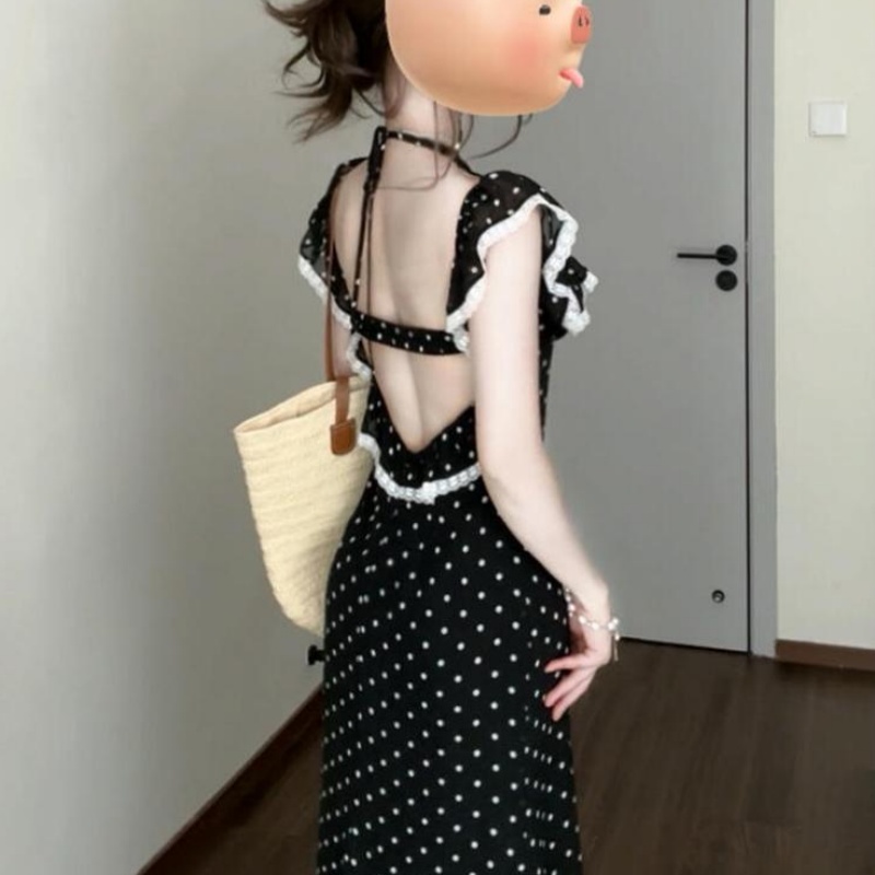 Tea Break Square Collar Lace Ruffled Polka Dot Dress