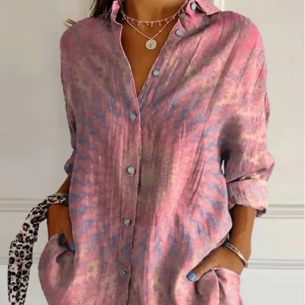 Lapel Long Sleeve Shirt Women's Single breasted Pleated Shirt Cxcs102 Soft pink with purple/mauve tie-dye - Shop at LoveMi