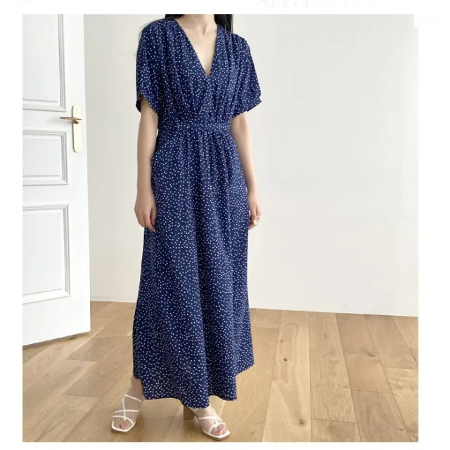 Women's V neck Short Sleeve Dress Slim fit Polka Dot Large Swing Dress Blue - Shop at LoveMi