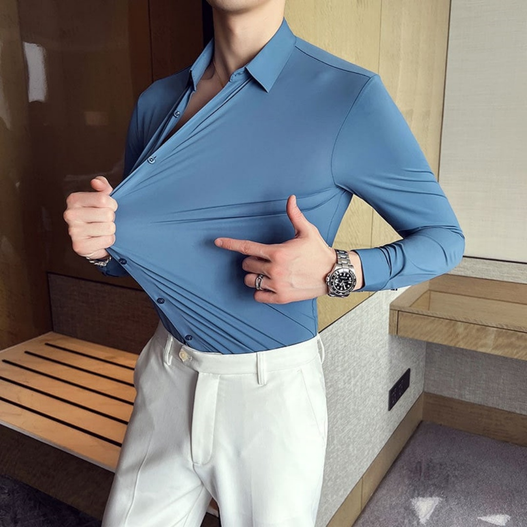 Men's Long-sleeved Shirt Casual Knitted Seamless Non-ironing Draping Thin Shirt