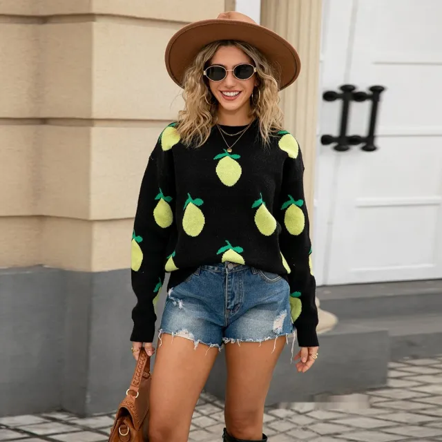 Women's Loose Personalized Lemon Sweater Round Neck Top Black - Shop at LoveMi