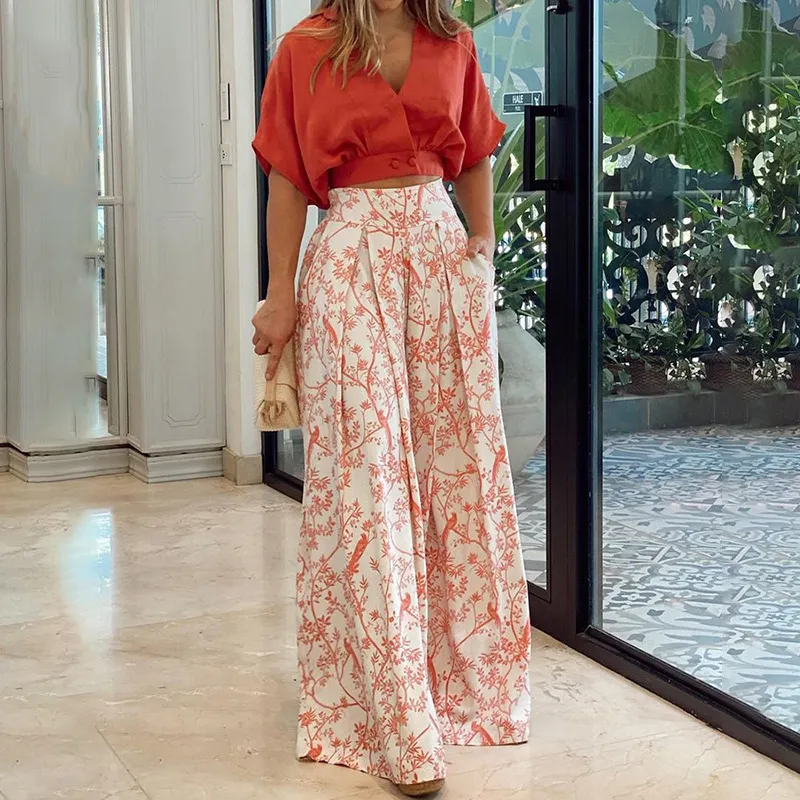 Women's Printed Shirt Wide Leg Pants Fashion Casual Set - Red