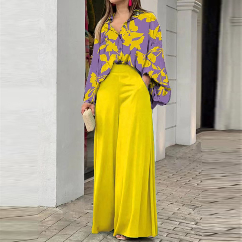 Women's Printed Shirt Wide Leg Pants Fashion Casual Set - Image 11
