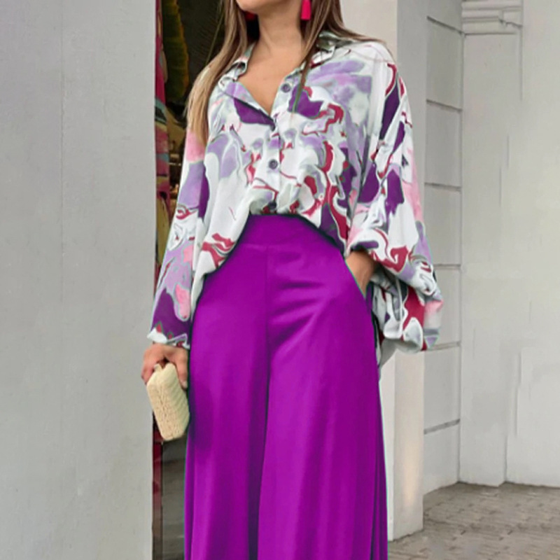 Women's Printed Shirt Wide Leg Pants Fashion Casual Set - Image 16
