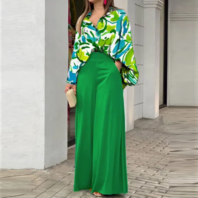 Women's Printed Shirt Wide Leg Pants Fashion Casual Set Cyan Green - Shop at LoveMi