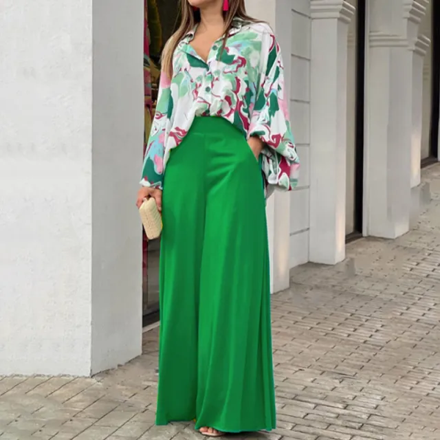 Women's Printed Shirt Wide Leg Pants Fashion Casual Set Green - Shop at LoveMi