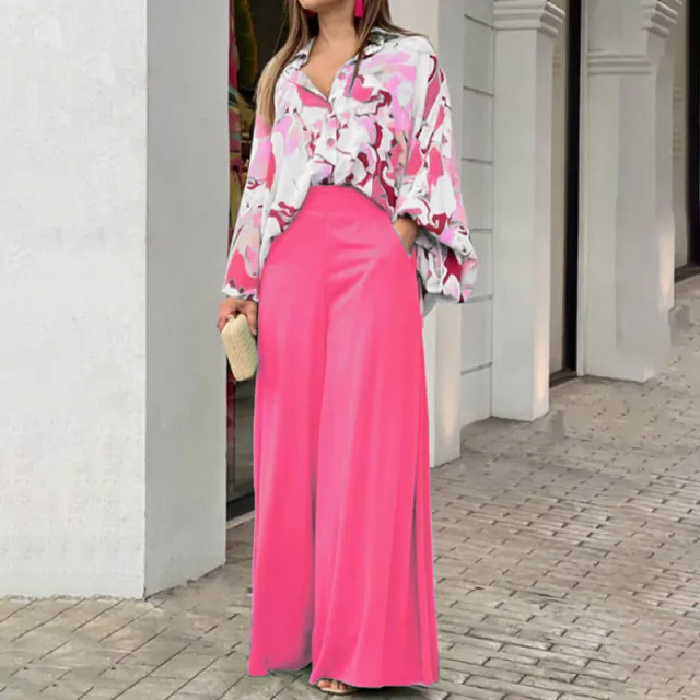 Women's Printed Shirt Wide Leg Pants Fashion Casual Set Pink - Shop at LoveMi