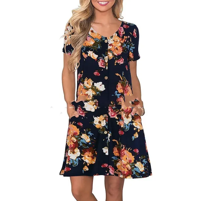 Women's Round Neck Short Sleeve Pocket Dress Yellow On Black Background - Shop at LoveMi