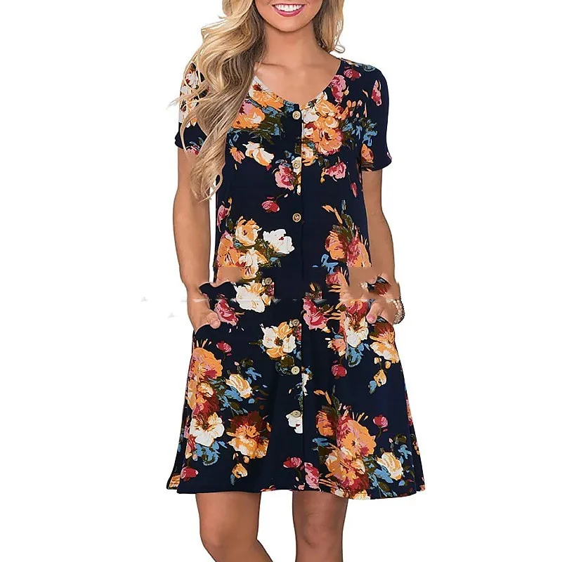 Women's Round Neck Short Sleeve Pocket Dress - Yellow On Black Background