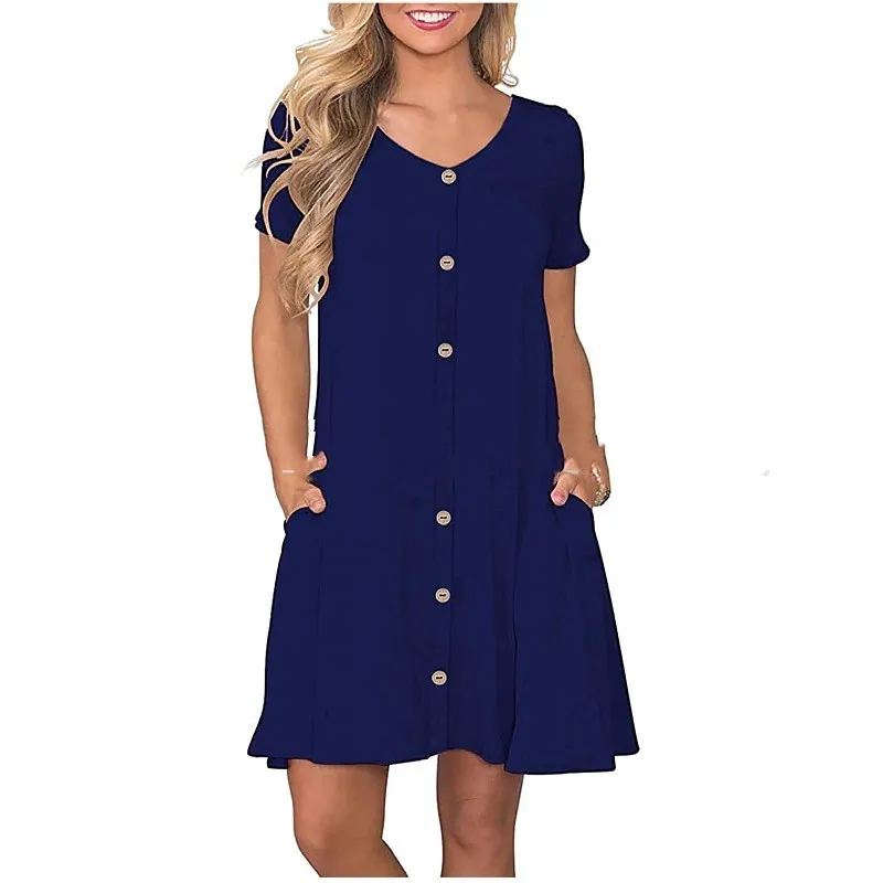 Women's Round Neck Short Sleeve Pocket Dress - Dark Blue