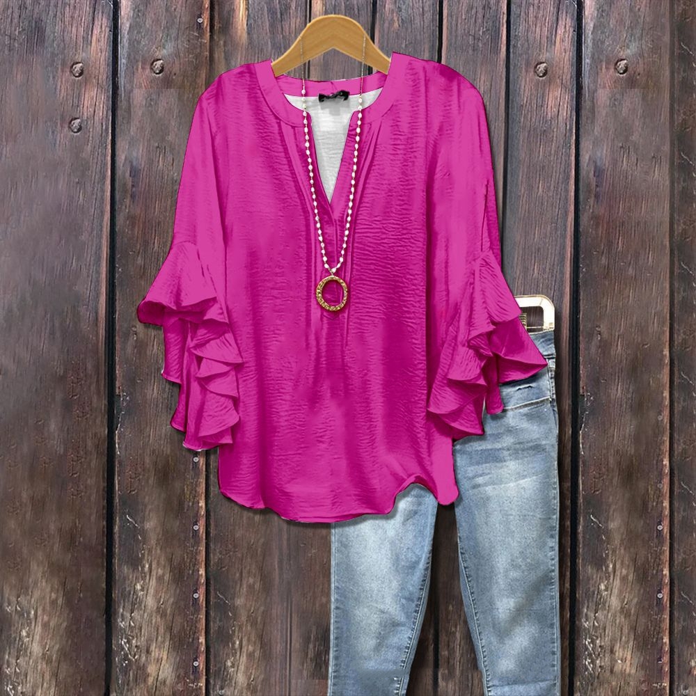 New Printed European And American Leisure Collar Lotus Edge Loose Women's Wear T-Shirt