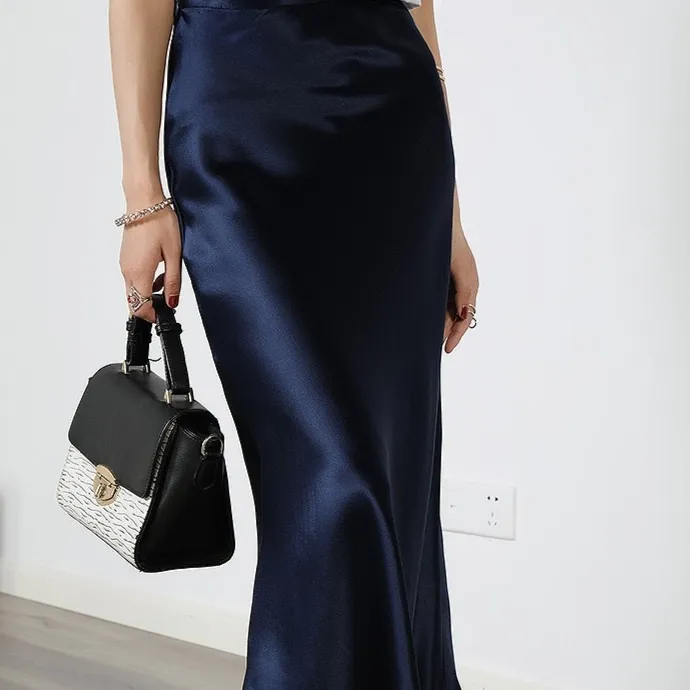 Acetate Silky Satin Women's A- Line Skirt Slimming - Blue
