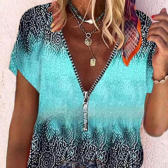 Printed Short-sleeved Zipper Pullover Loose T-Shirt Women