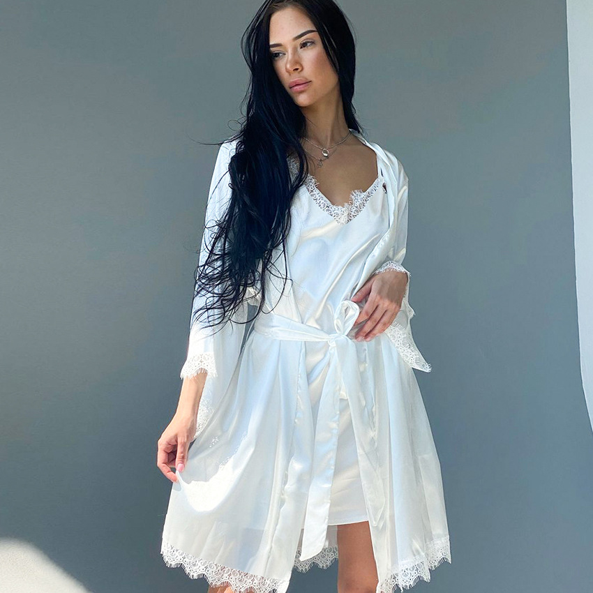 Comfortable Breathable Ice Silk Pajamas Women's Cardigan Lace-up Nightdress Home Wear Two-piece Set