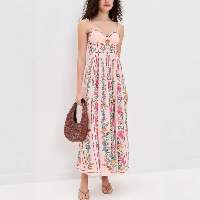 Decorative Beads Sling Positioning Print Holiday Dress Pink - Shop at LoveMi