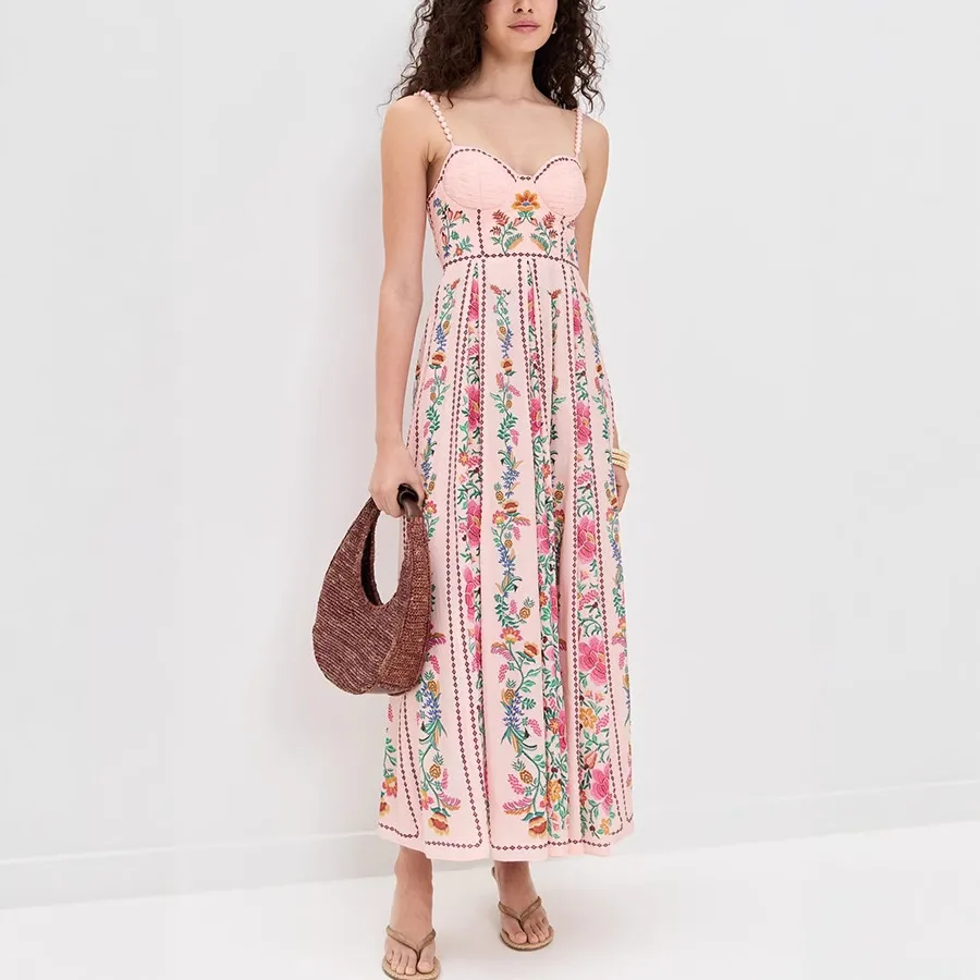 Decorative Beads Sling Positioning Print Holiday Dress - Pink