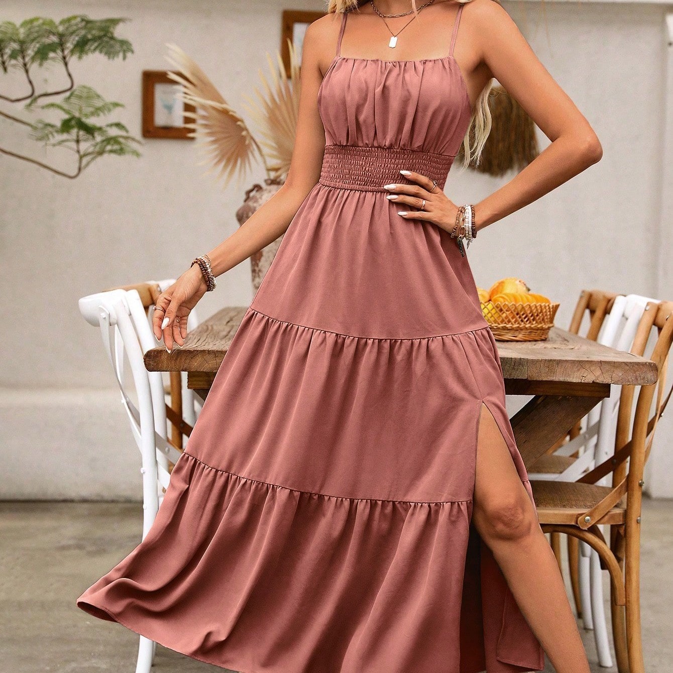 Women's Holiday Pleated Cami Dress Maxi Vacation Beach Outfit