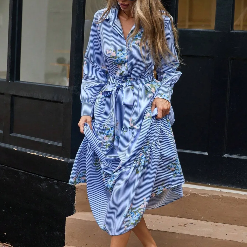 Flower Striped Printed Long Sleeved Shirt Dress - Blue