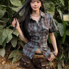 American Backless Lace Up Plaid Shirt Women's Spring And Summer New Slim Fit - Blue - View 1