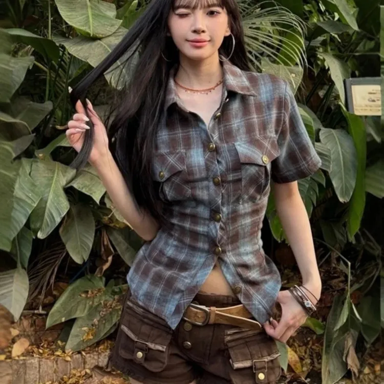 American Backless Lace Up Plaid Shirt Women's Spring And Summer New Slim Fit - Blue
