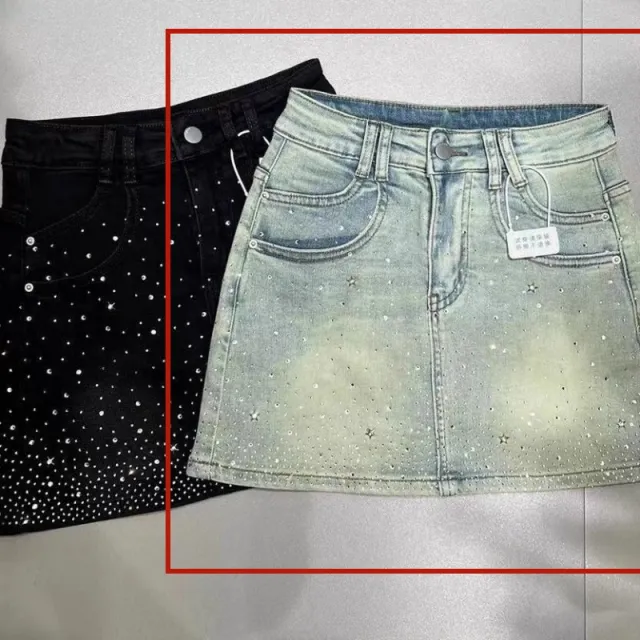 Retro Rhinestone Bright Star River Slim fit Slimming Denim Skirt Blue - Shop at LoveMi