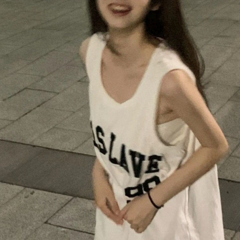 Long Vintage Letter Print Loose Sleeveless Sports Vest