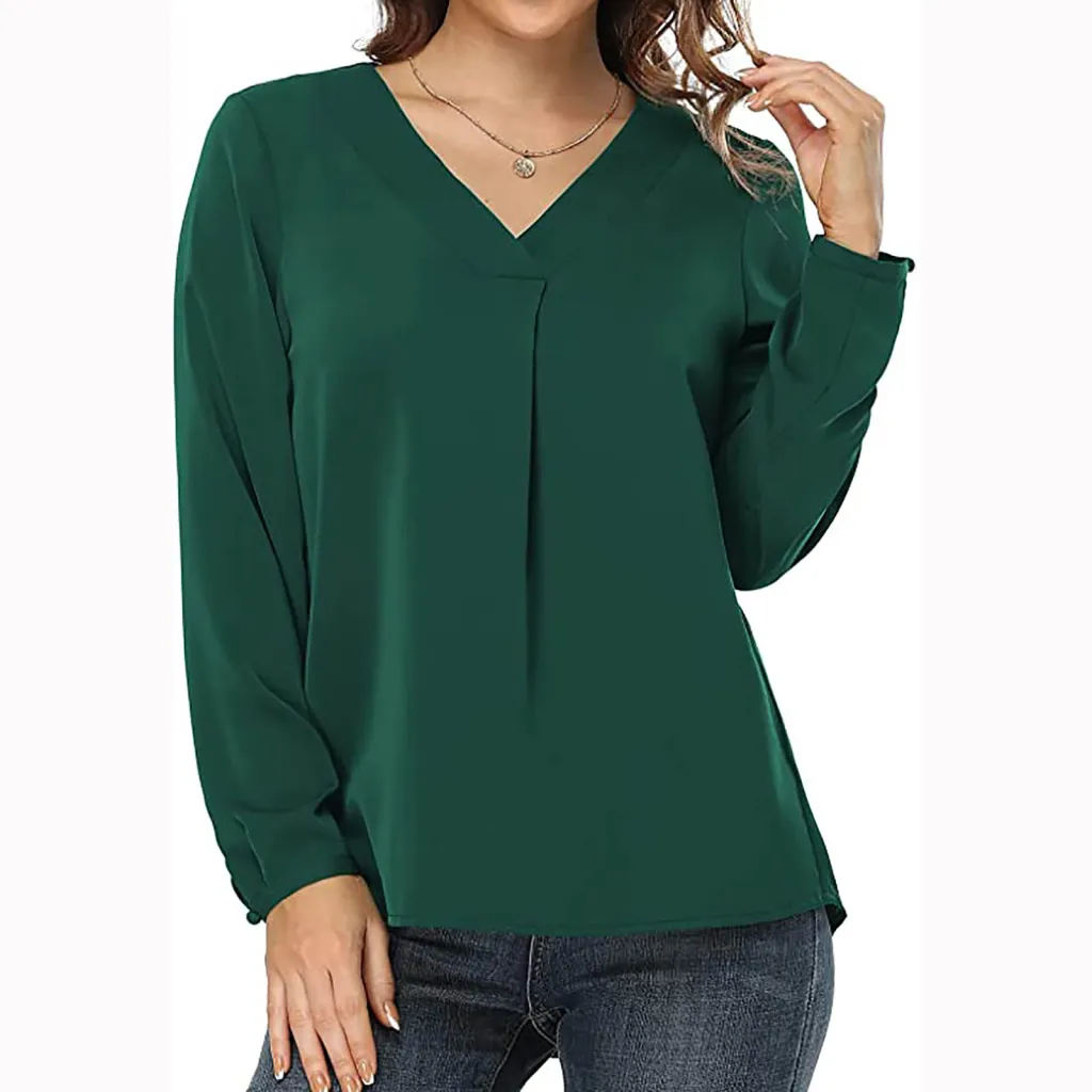 Women's Clothing Casual V-neck Temperament Top - Dark Green