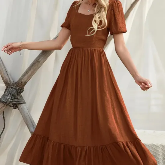 Unique Women's Ruffled Bubble Sleeve Long Skirt - Brown