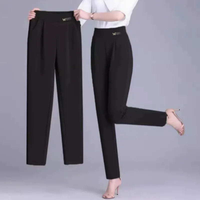 Tight-waisted Thin, Loose Slimming Large-sized 9-inch Harem Pants - Black