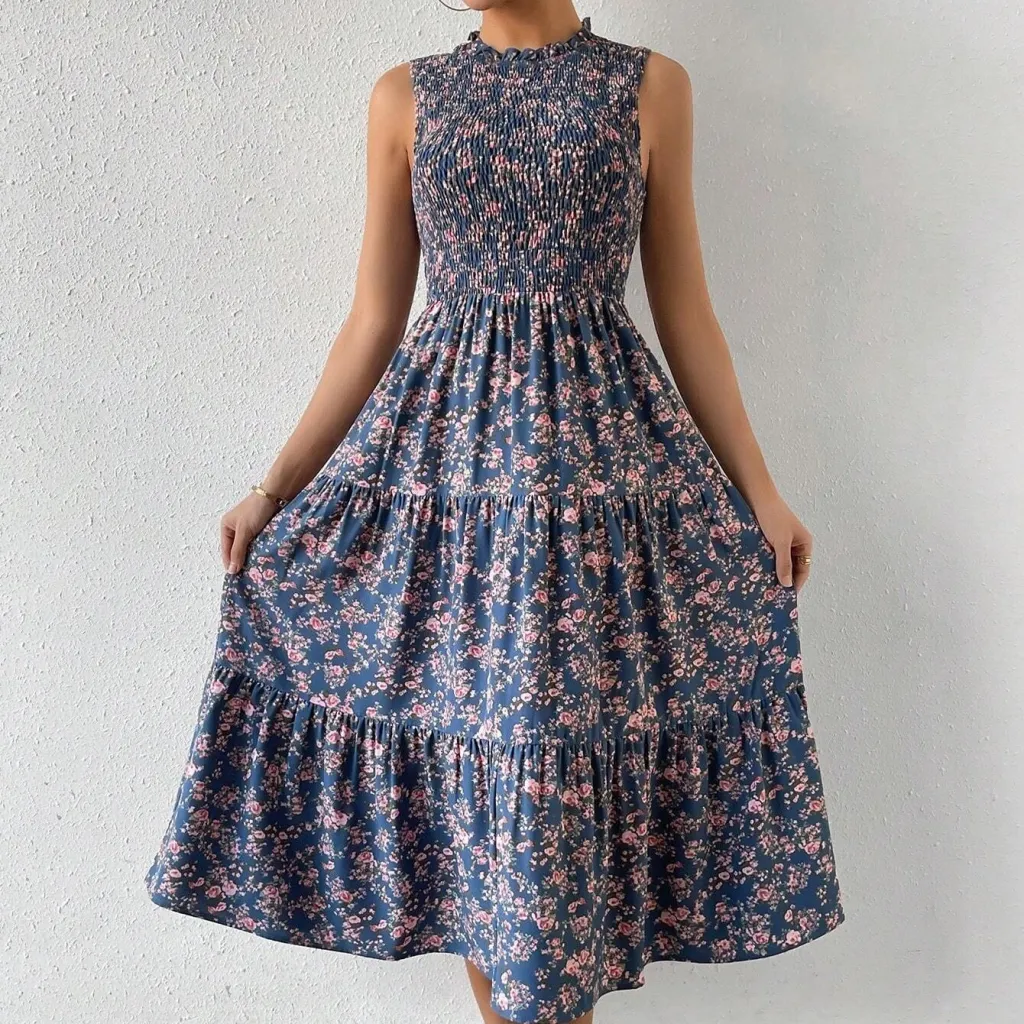 Printed Patchwork Sleeveless A-line Dress For Women - Blue