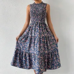 Printed Patchwork Sleeveless A-line Dress For Women - Blue - View 1