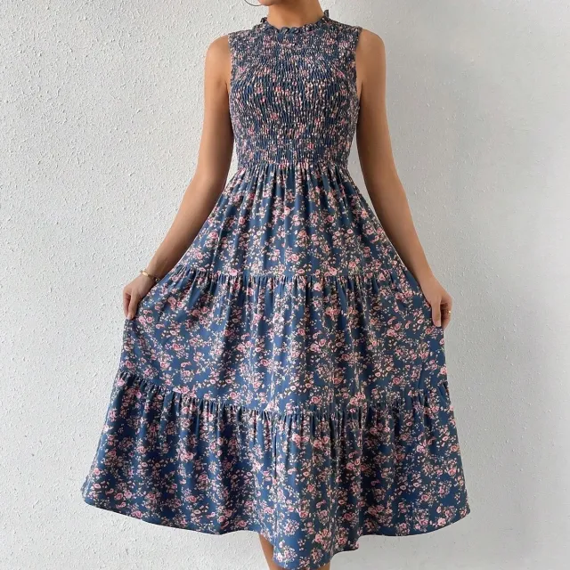 Printed Patchwork Sleeveless A line Dress For Women Blue - Shop at LoveMi