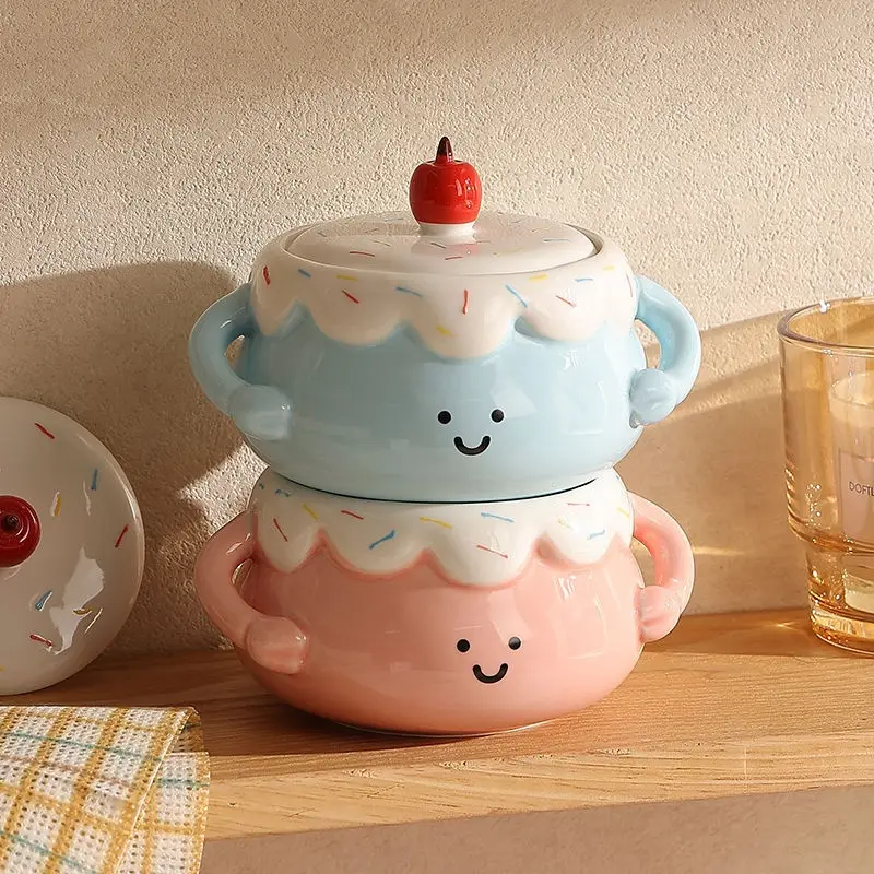 Cute Cake Pot Ceramic Double-ear Bowl Underglaze Small Bowl With Lid