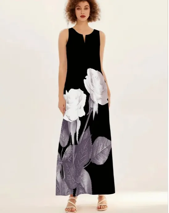 Floral Print Long Dress For Women - Black