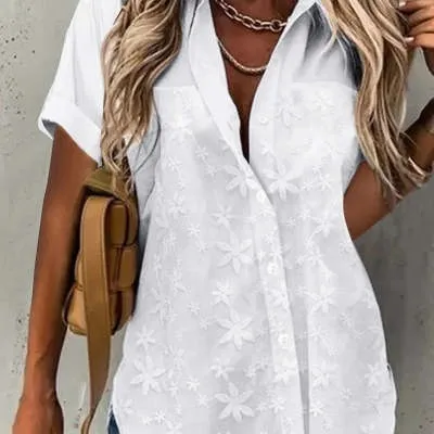 Casual Lace Loose White Shirt Shirt White - Shop at LoveMi