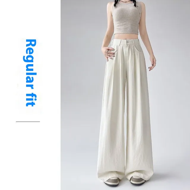 Straight High Waist Slimming Lazy Loose Suit Wide leg Pants White - Shop at LoveMi