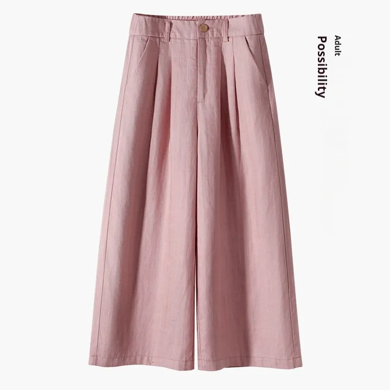 Thin Casual Straight-leg Cotton And Linen Wide-leg Pants - Pink