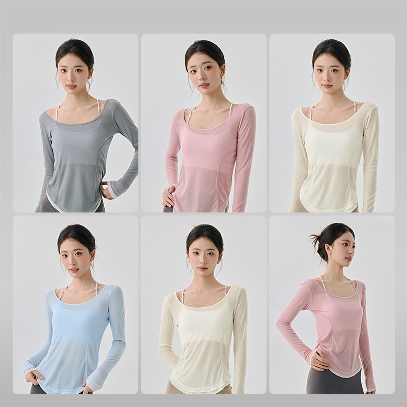 Loose Casual High-grade Yoga Clothes Blouse Hem Contrast Color Light Breathable Sexy Backless