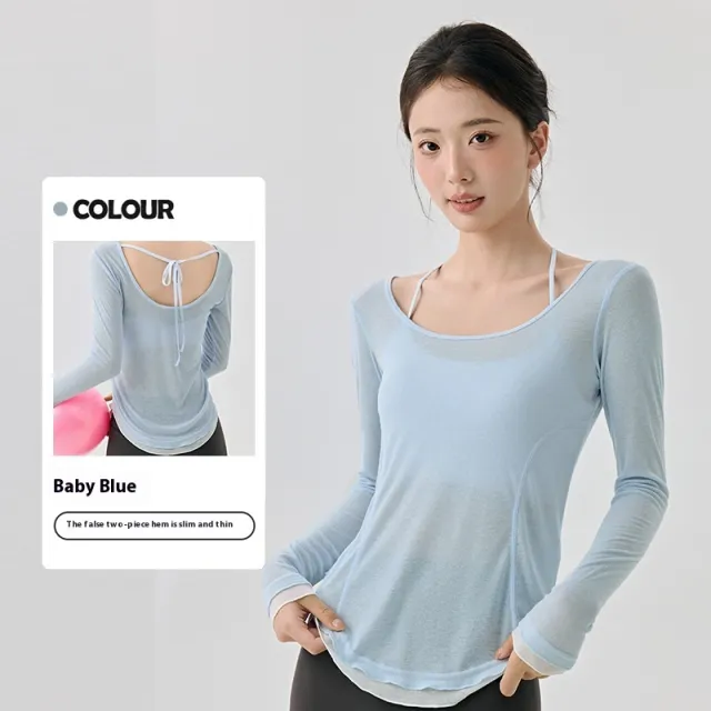 Loose Casual High grade Yoga Clothes Blouse Hem Contrast Color Light Breathable Sexy Backless Baby Blue - Shop at LoveMi