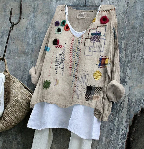 Colorful Japanese Sashiko Art Linen Blend Long-sleeve Top